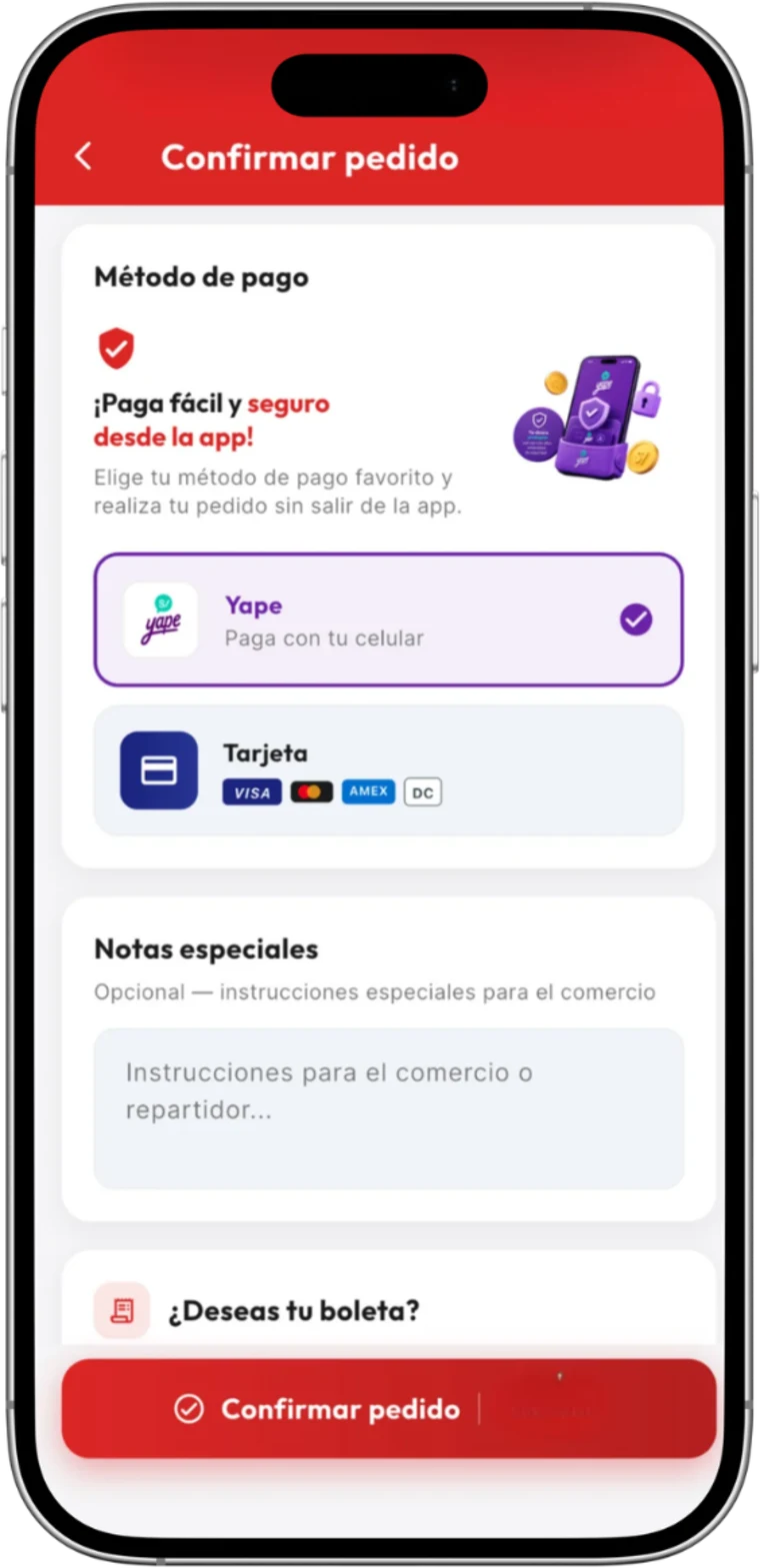 Pantalla de pago con Yape o tarjeta en la app Infinity