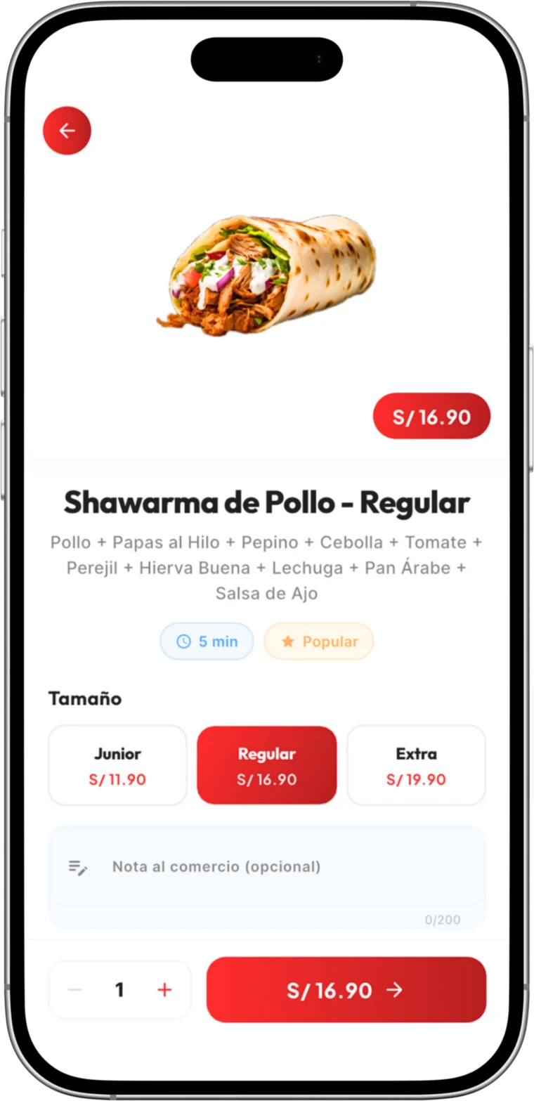 Pantalla de un producto con sus tamaños en la app Infinity