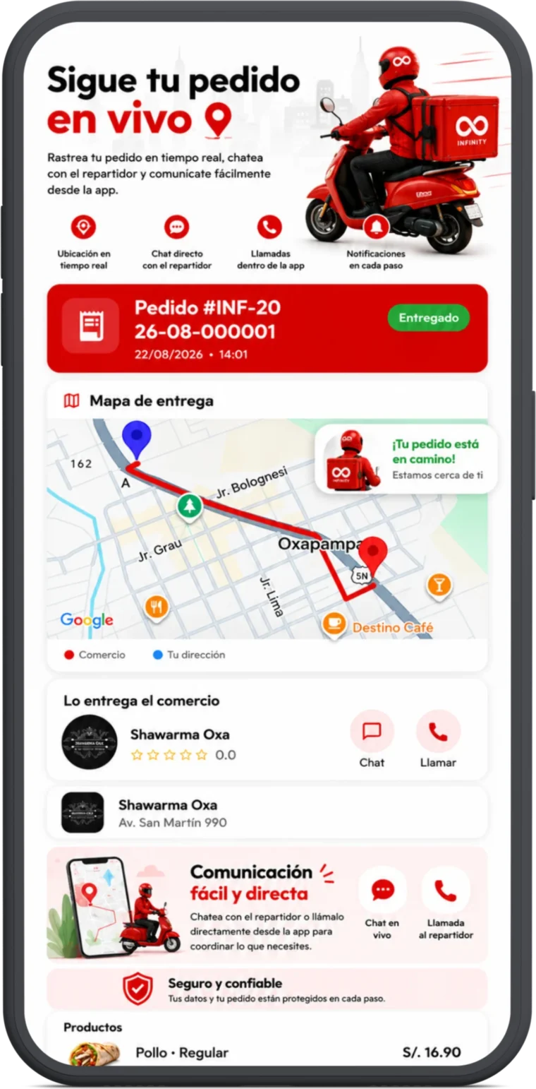 Pantalla de seguimiento del pedido en vivo en la app Infinity